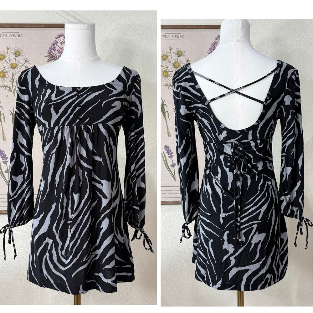 Y2k Zebra Open Back Babydoll Tie Back Tunic Top Mini Dress NWT Trashy McBling S